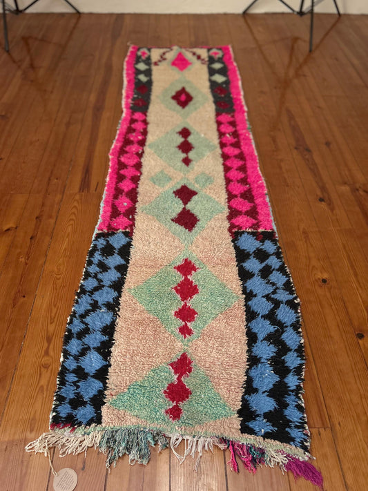 Blue and Pink, Boucherouit Runner; 77 x 205 cm (Handmade Moroccan Rug)