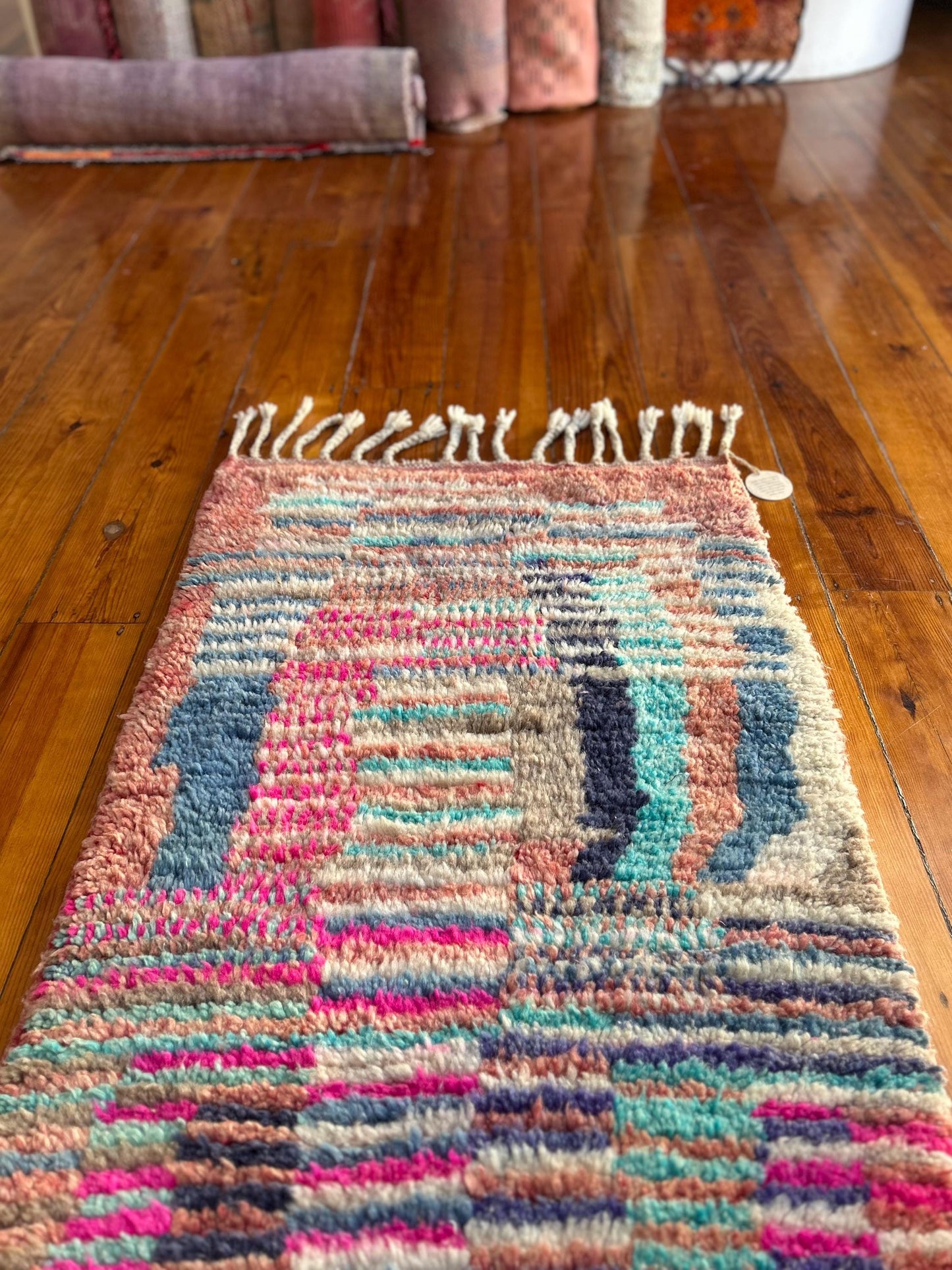 Pink and blue, Vintage Boujad Runner; 323 x 73 cm (Moroccan Berber Carpet)