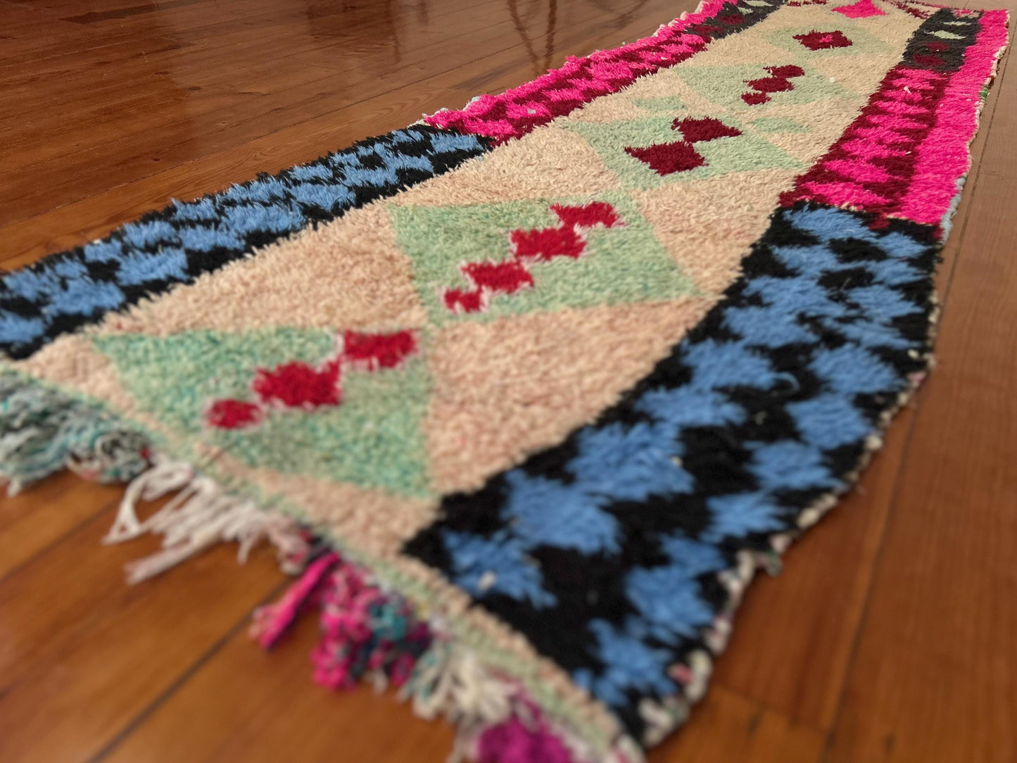 Blue and Pink, Boucherouit Runner; 77 x 205 cm (Handmade Moroccan Rug)
