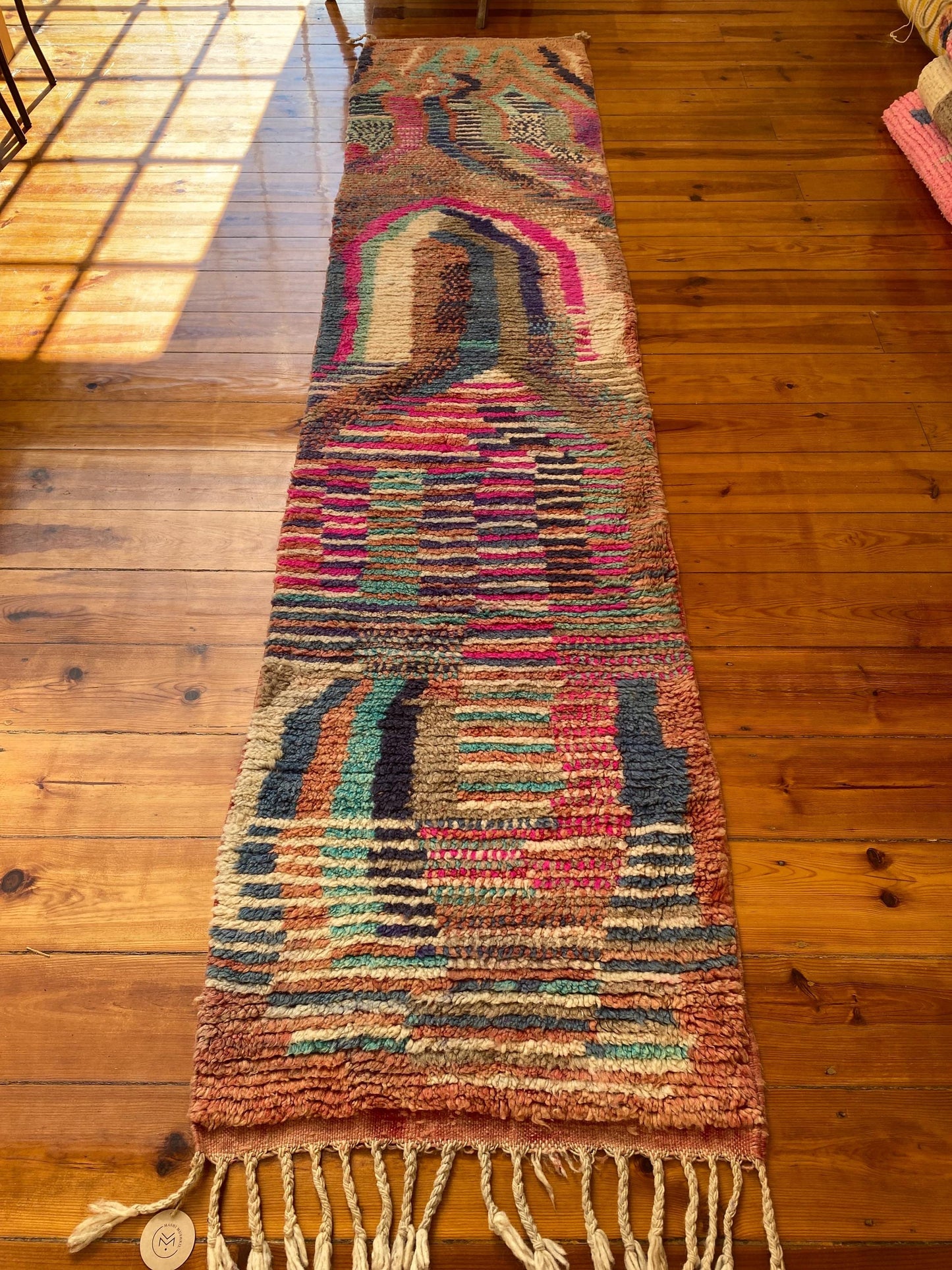 Pink and blue, Vintage Boujad Runner; 323 x 73 cm (Moroccan Berber Carpet)