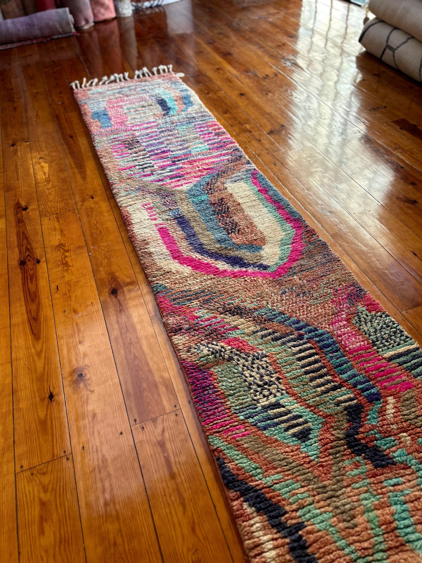 Pink and blue, Vintage Boujad Runner; 323 x 73 cm (Moroccan Berber Carpet)