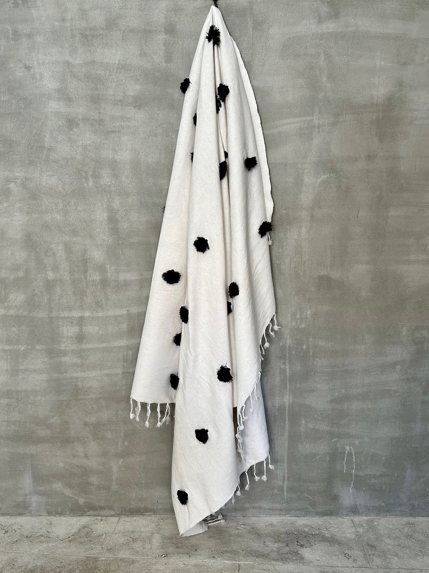 Black Moroccan Handmade Pompom Blanket / Bedspread