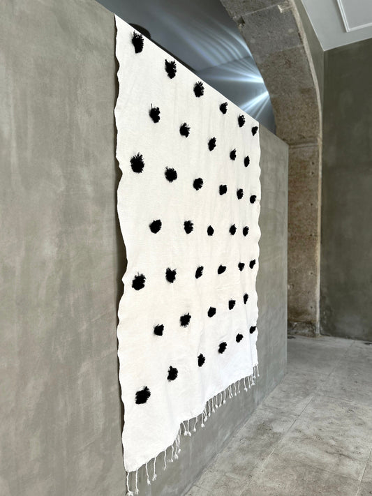 Black Moroccan Handmade Pompom Blanket / Bedspread