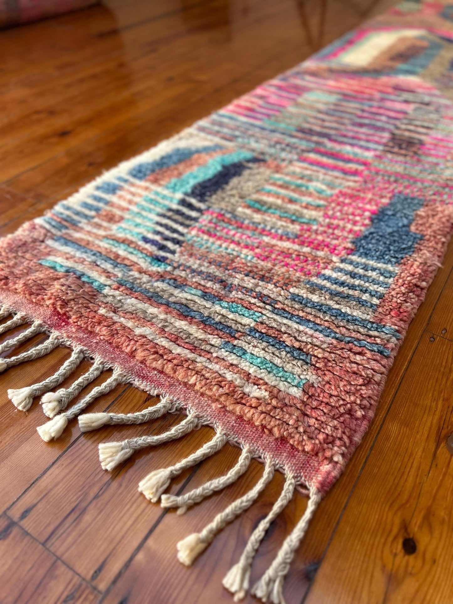 Pink and blue, Vintage Boujad Runner; 323 x 73 cm (Moroccan Berber Carpet)