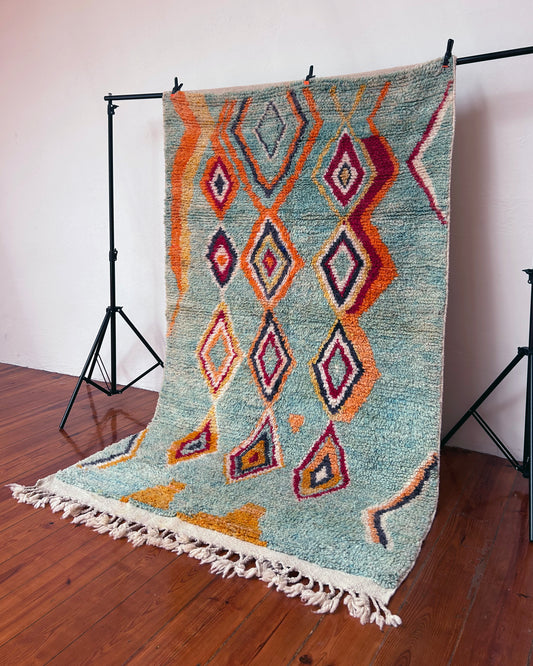 Turquoise Boujad Moroccan Rug; 250 x 142 cm (Berber Handmade Carpet)