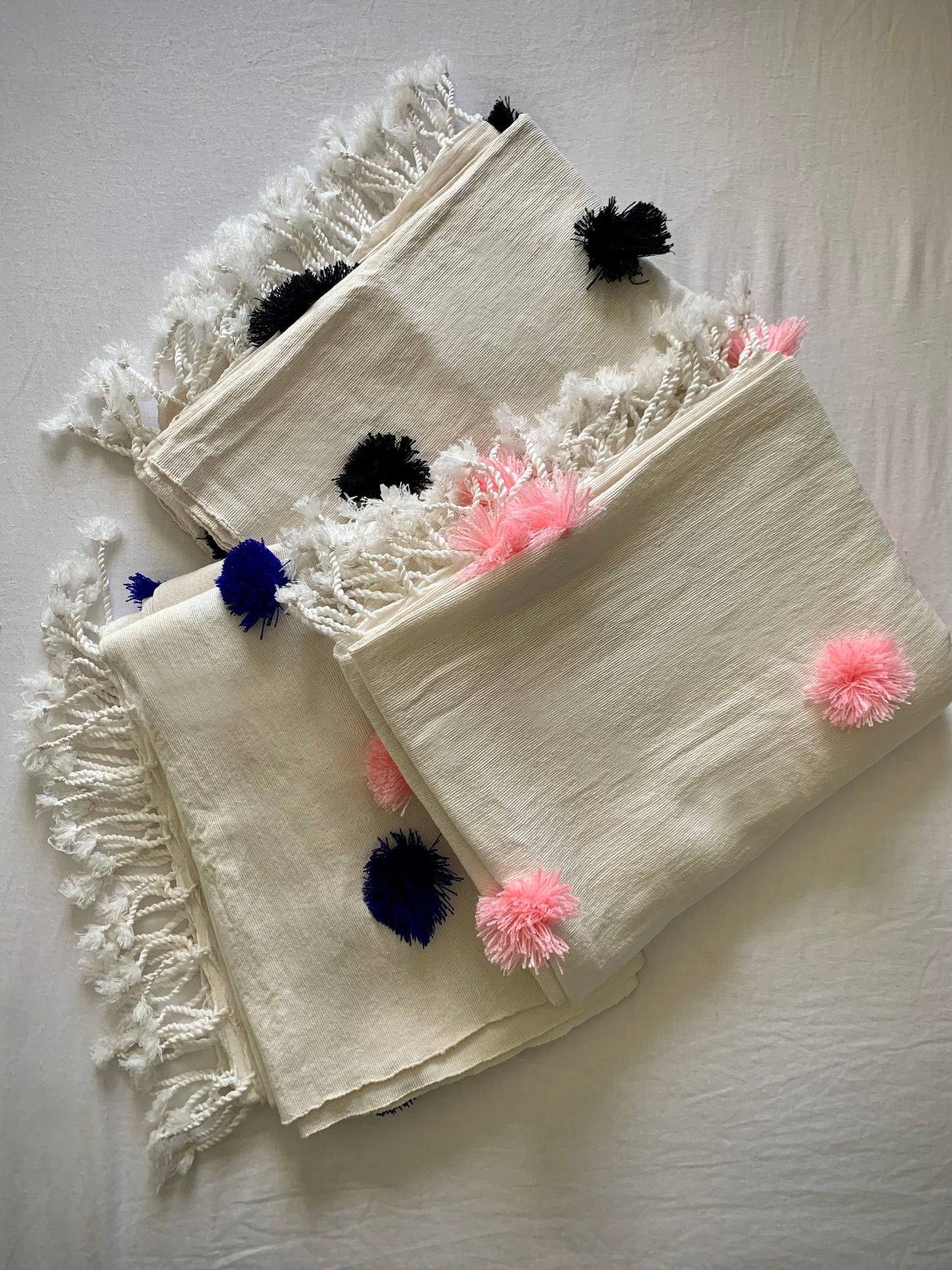 Black Moroccan Handmade Pompom Blanket / Bedspread