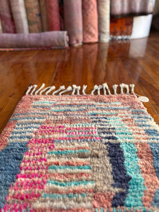 Pink and blue, Vintage Boujad Runner; 323 x 73 cm (Moroccan Berber Carpet)