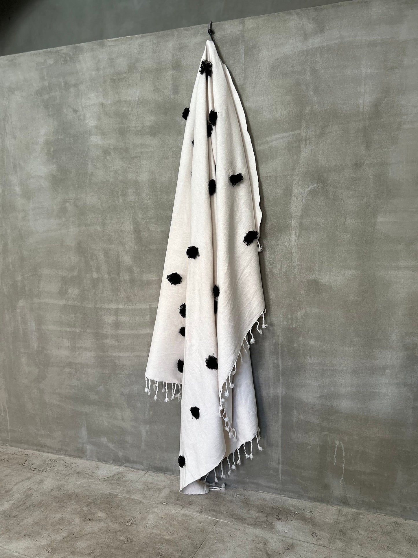 Black Moroccan Handmade Pompom Blanket / Bedspread
