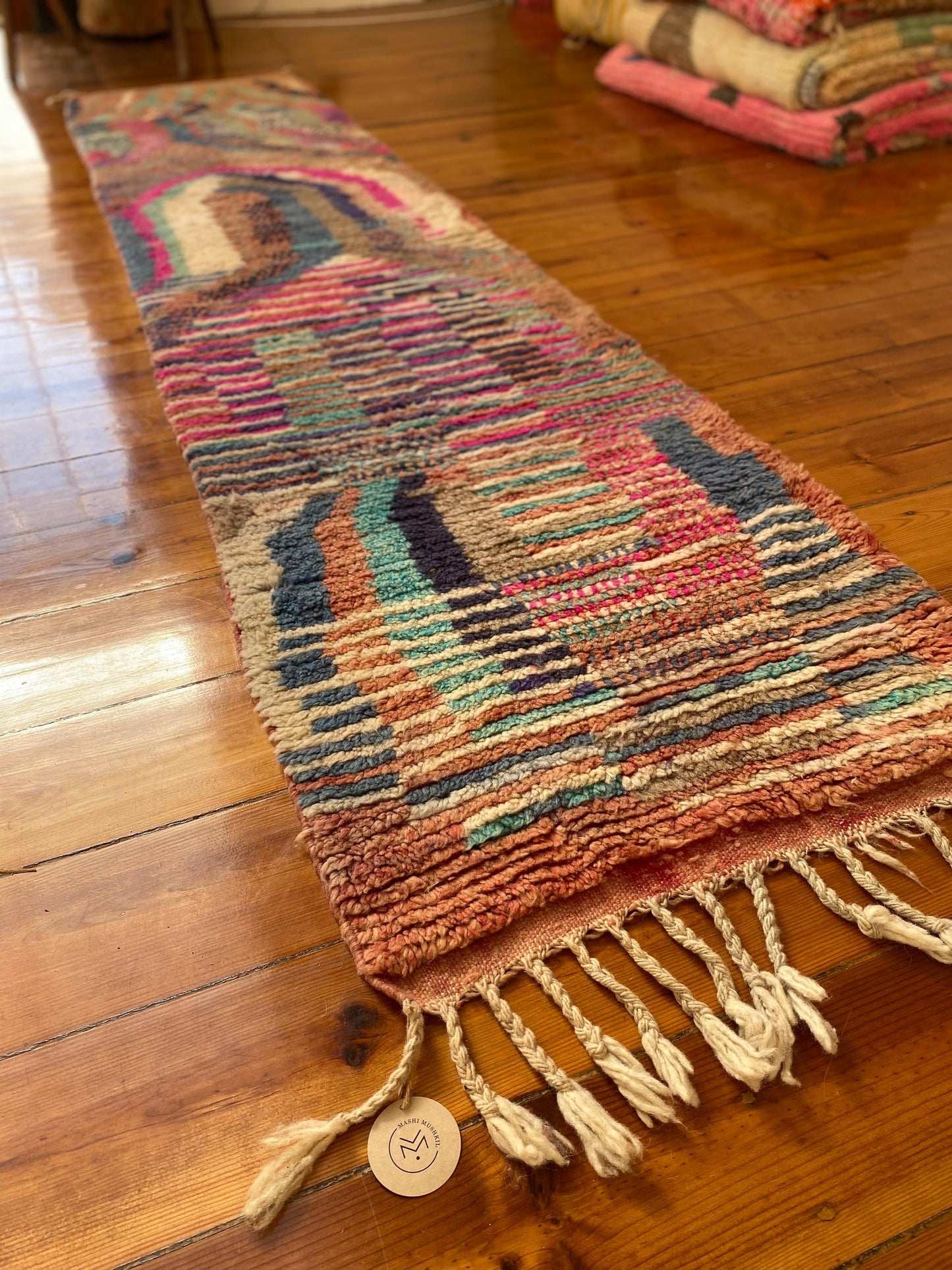 Pink and blue, Vintage Boujad Runner; 323 x 73 cm (Moroccan Berber Carpet)