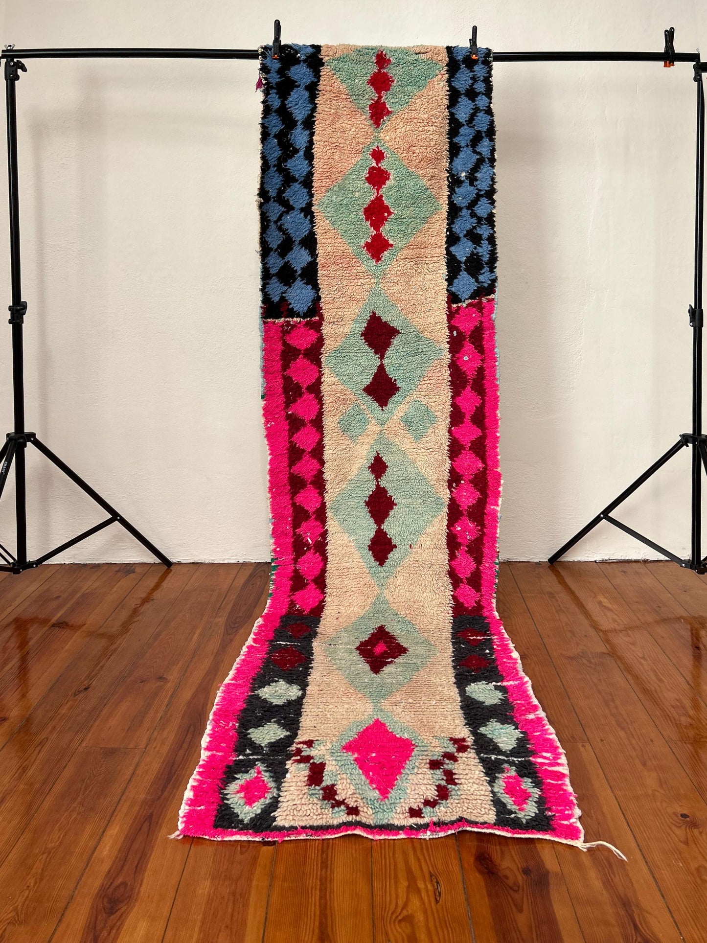 Blue and Pink, Boucherouit Runner; 77 x 205 cm (Handmade Moroccan Rug)