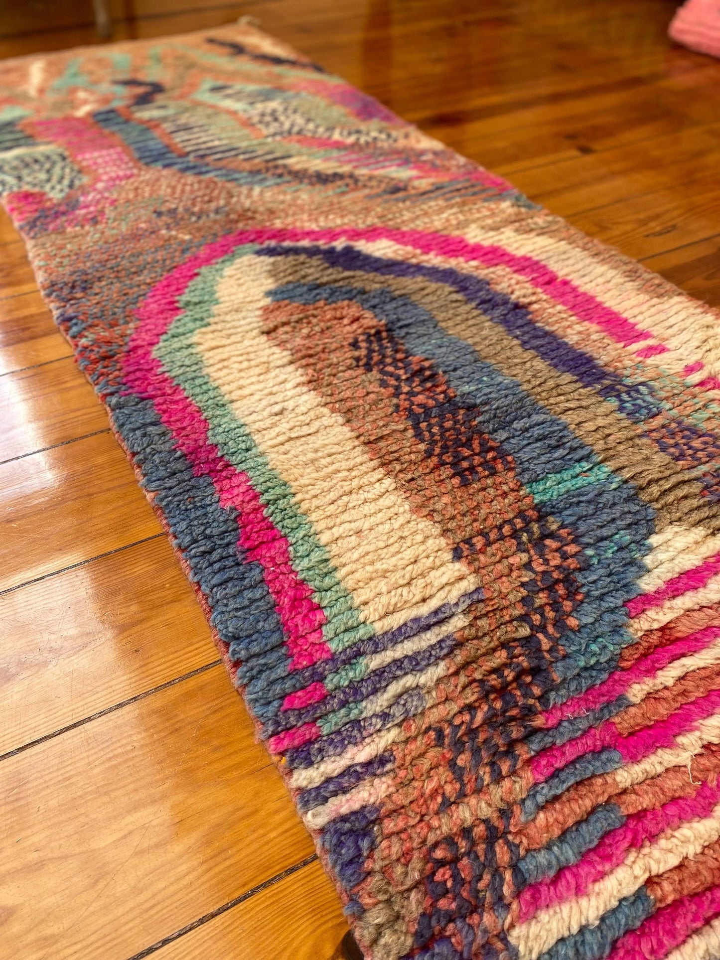 Pink and blue, Vintage Boujad Runner; 323 x 73 cm (Moroccan Berber Carpet)