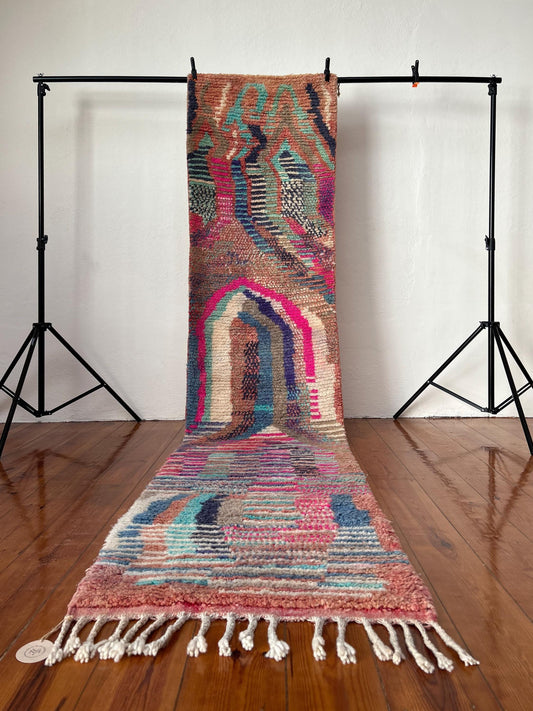 Pink and blue, Vintage Boujad Runner; 323 x 73 cm (Moroccan Berber Carpet)