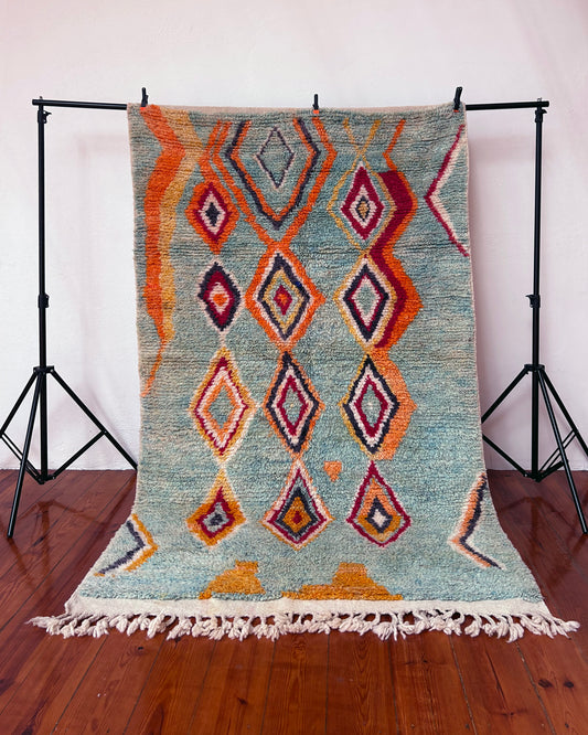 Turquoise Boujad Moroccan Rug; 250 x 142 cm (Berber Handmade Carpet)