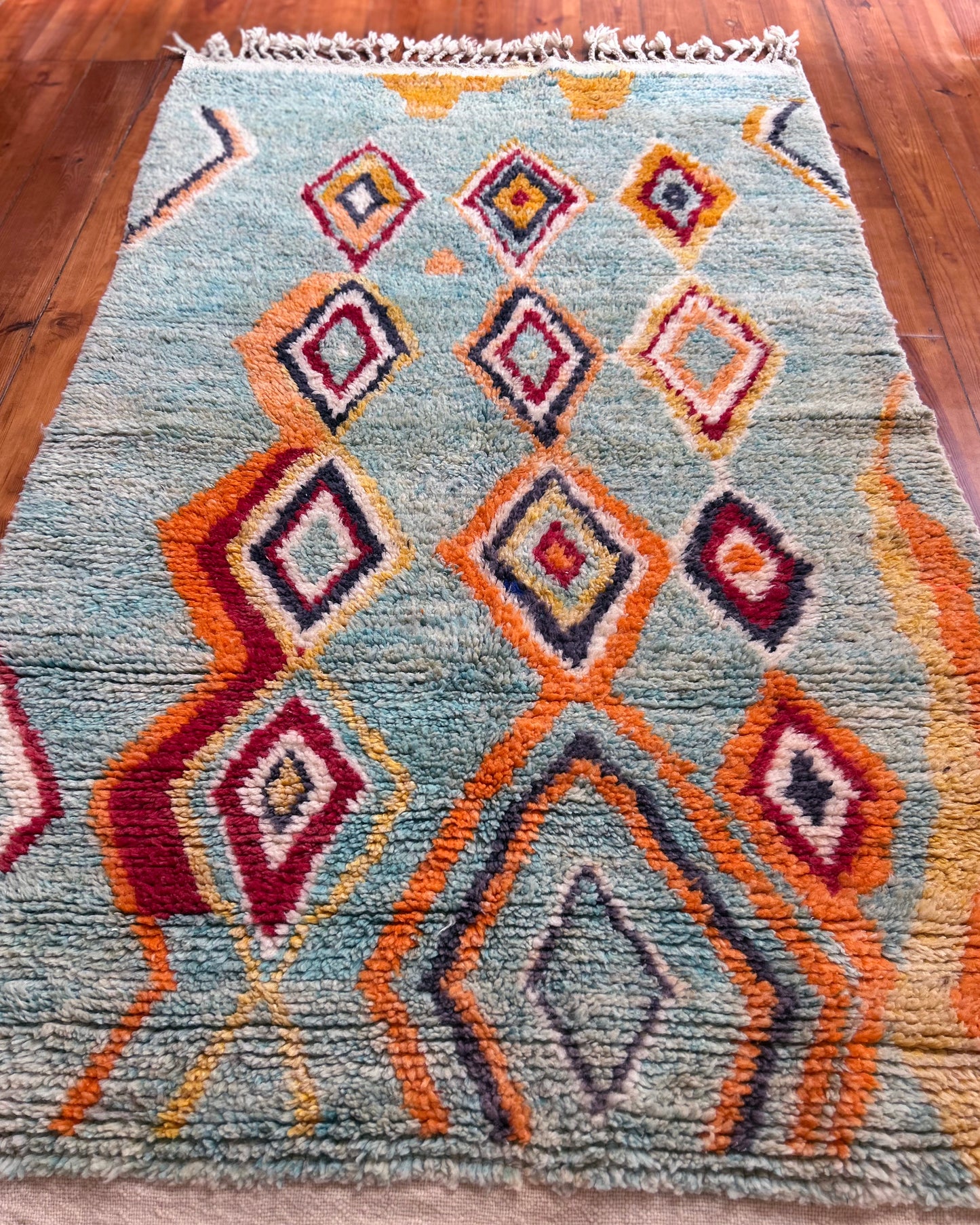 Turquoise Boujad Moroccan Rug; 250 x 142 cm (Berber Handmade Carpet)