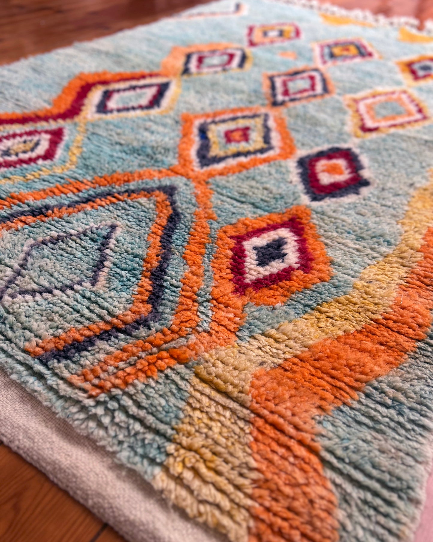 Turquoise Boujad Moroccan Rug; 250 x 142 cm (Berber Handmade Carpet)